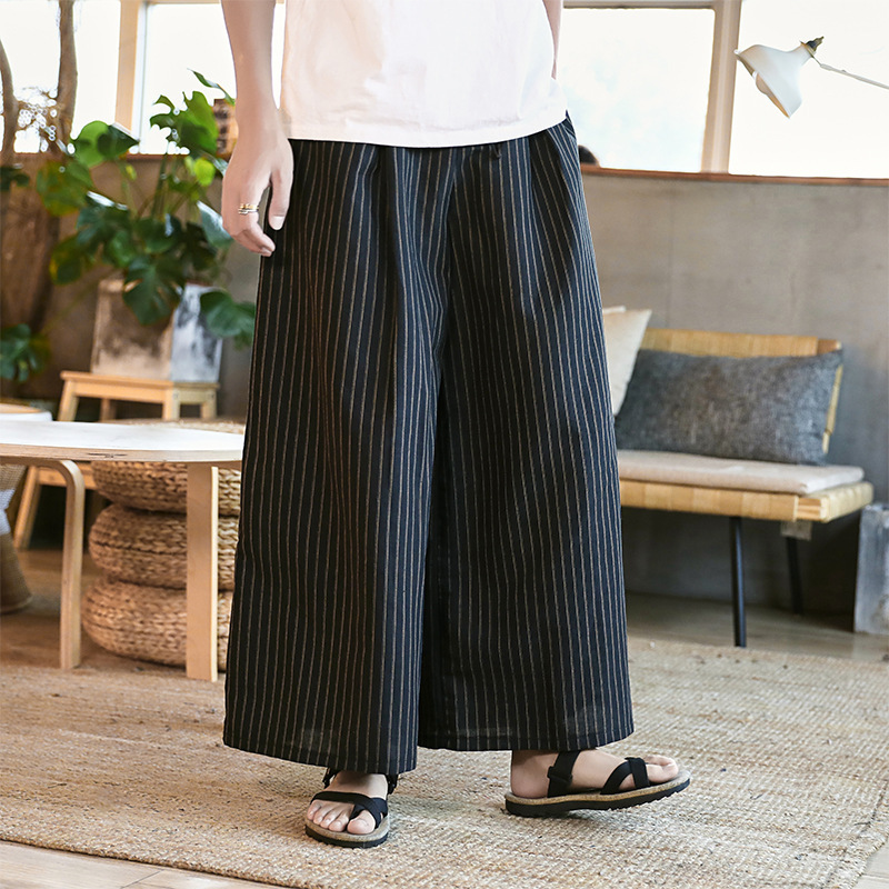 Spring and Summer new men's loose comfortable three-dimensional cut trousers thin stripe breathable cotton and linen men's Chinese style linen pants