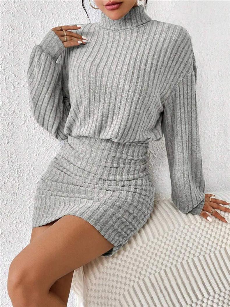 GraceChic Cross-Border European And American 2025 Autumn Winter New Bodycon Long Sleeve High Neck Ribbed Knitted Sexy Dress_voghion.com