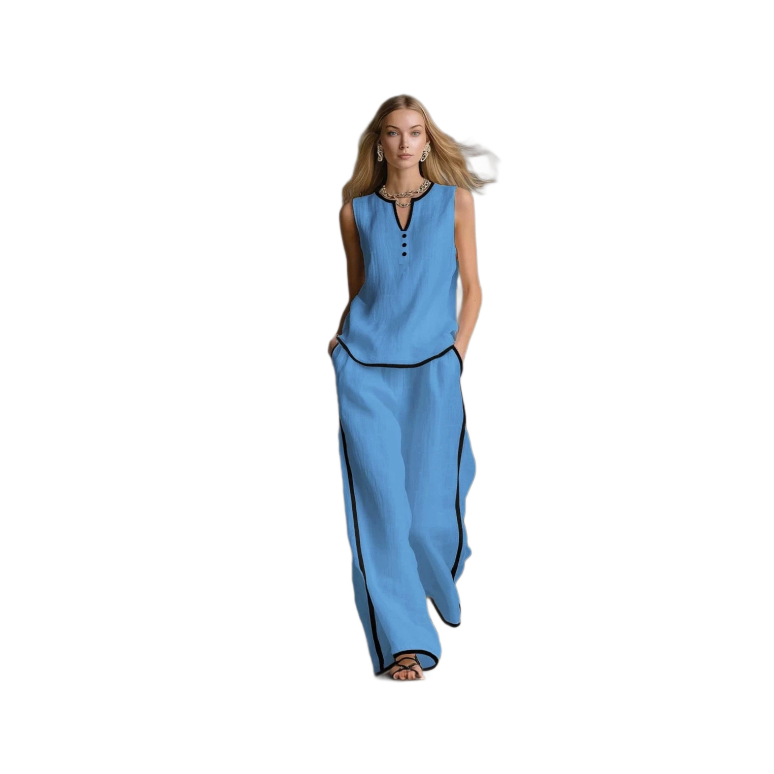Summer Women's Sleeveless V Neck Color Block Wide Leg Pants Set Style Casual Fashion Solid Two Piece_ecoleips.com