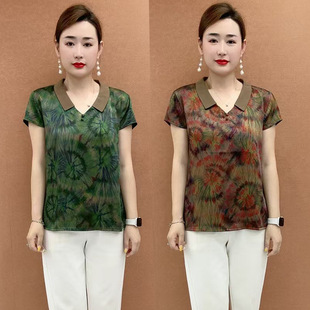 Plus Size Mom Short-Sleeved Shirt 2025 New Middle-Aged Women's Silk Satin Printed Cool T-Shirt Tops for Women Wholesale