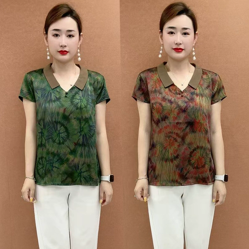 Плюс сайз рубашка с коротким рукавом для мам 2025 новая женская футболка из шелкового атласа с принтом для женщин среднего возраста оптом