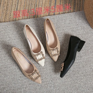 Pointed toe chunky heel low-cut single-layer shoes for women 2023 Spring and Autumn New Internet Celebrity All-match suede low heel pumps black work shoes