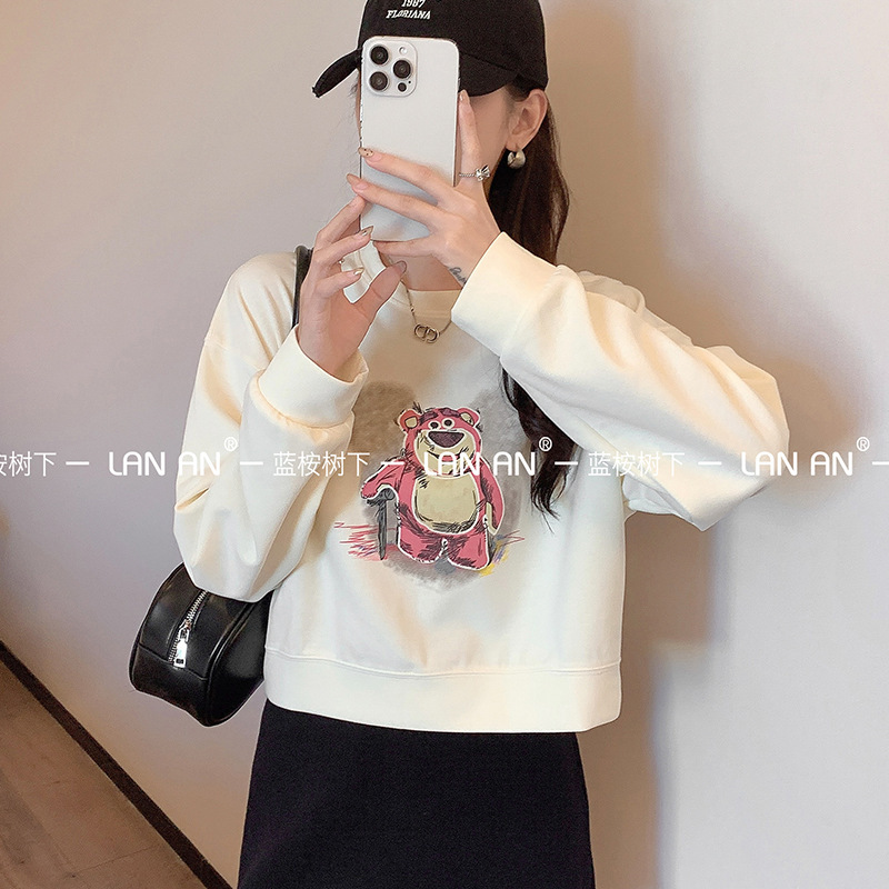 Light Trendy Elf Sweat Autumn Korean-style Bear Printed Niche Round Neck Women's Short Slim-fit Shoulder Casual Top