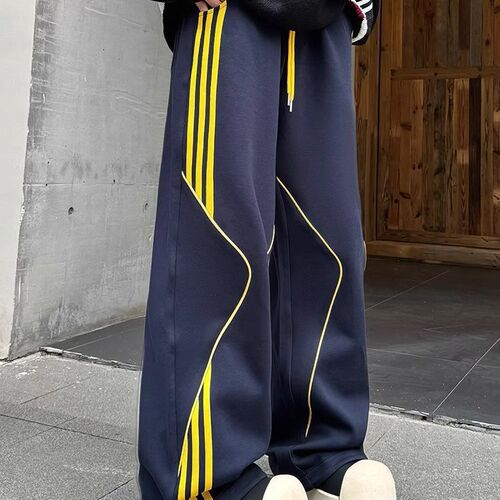 Men's Spring/Fall Fashion Brand Loose, Drapey Wide-Leg Track Pants with Three Stripes—Heavyweight Casual Trousers