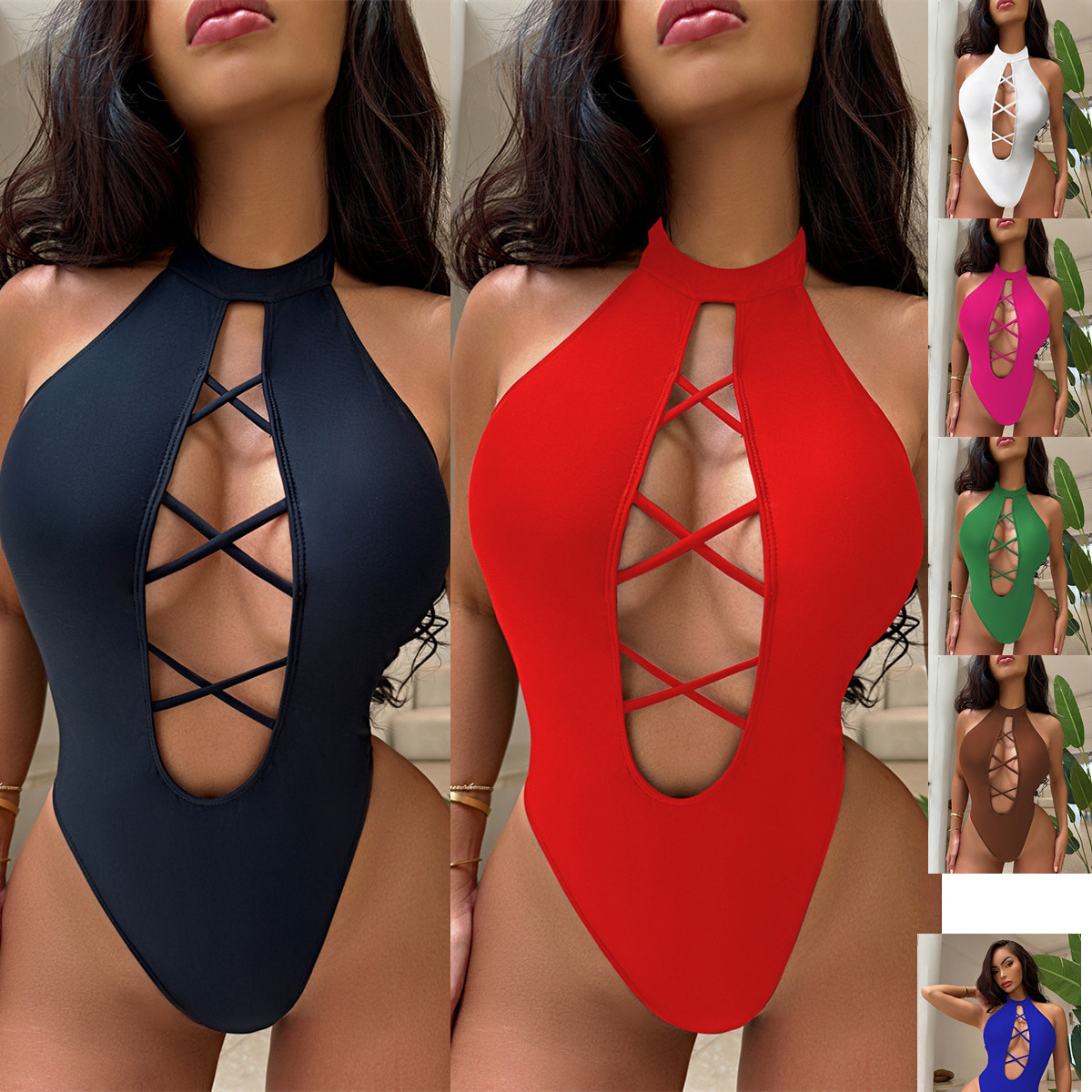 Chan Pair New Arrival Swimsuit Sexy Bikini European and American Swimsuit Women's Hanging Neck Swimsuit Solid Color bikini6629