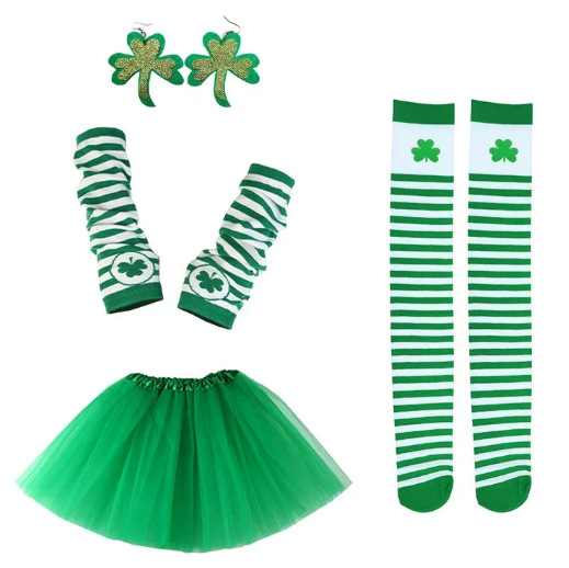 Traje de festival de St Patrick Irish Clover cabeza hebilla Cadena de cuentas calcetines traje de fiesta de falda de gasa de tres capas