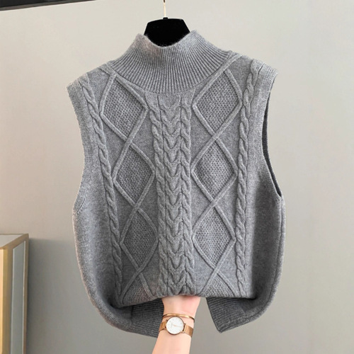 Double-sided vest sweater for women's autumn and winter new pure color semi-high collar twist knitted cardigan vest French loose top