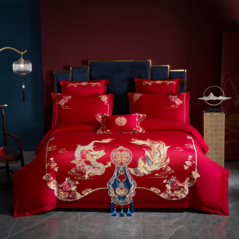 algodón molido de alta gama, bordado de bodas, algodón puro, cuatro piezas, ropa de cama de boda roja, lujo ligero