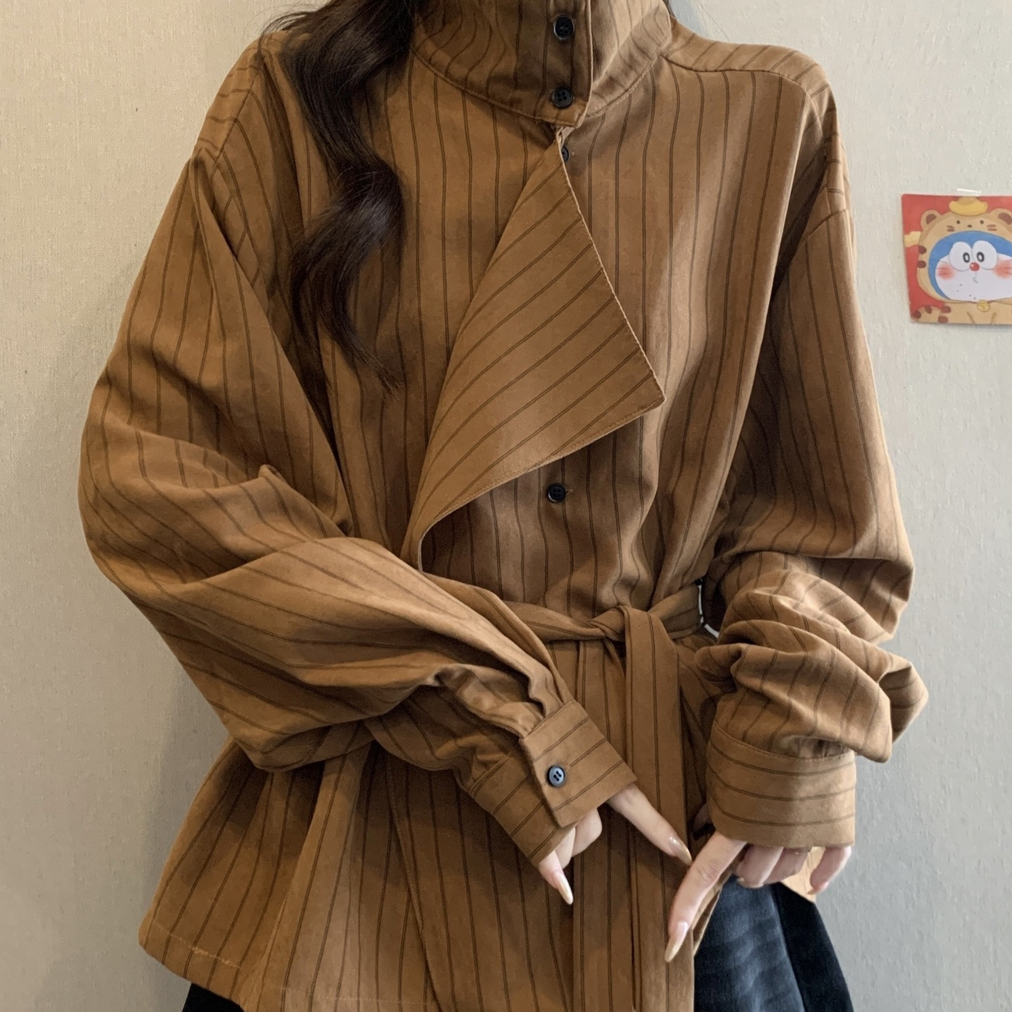 厂家直销大码立领条纹长袖衬衫女春秋新款胖mm显瘦设计感百搭系带