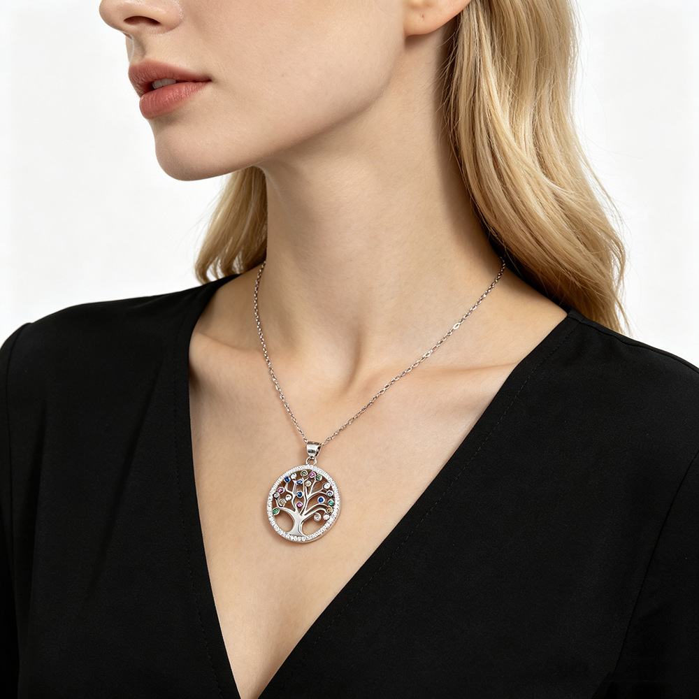 Collar con colgante Árbol de la Vida de plata de ley S925 con incrustaciones de circonita para mujer, estilo europeo y americano, lujo ligero, cadena de suéter de alta gama, venta al por mayor transfronteriza. image 4