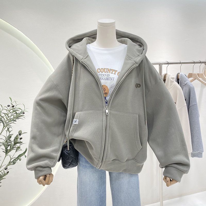 加绒加厚连帽卫衣女秋冬简约百搭宽松休闲oversize拉链开衫外套潮|undefined