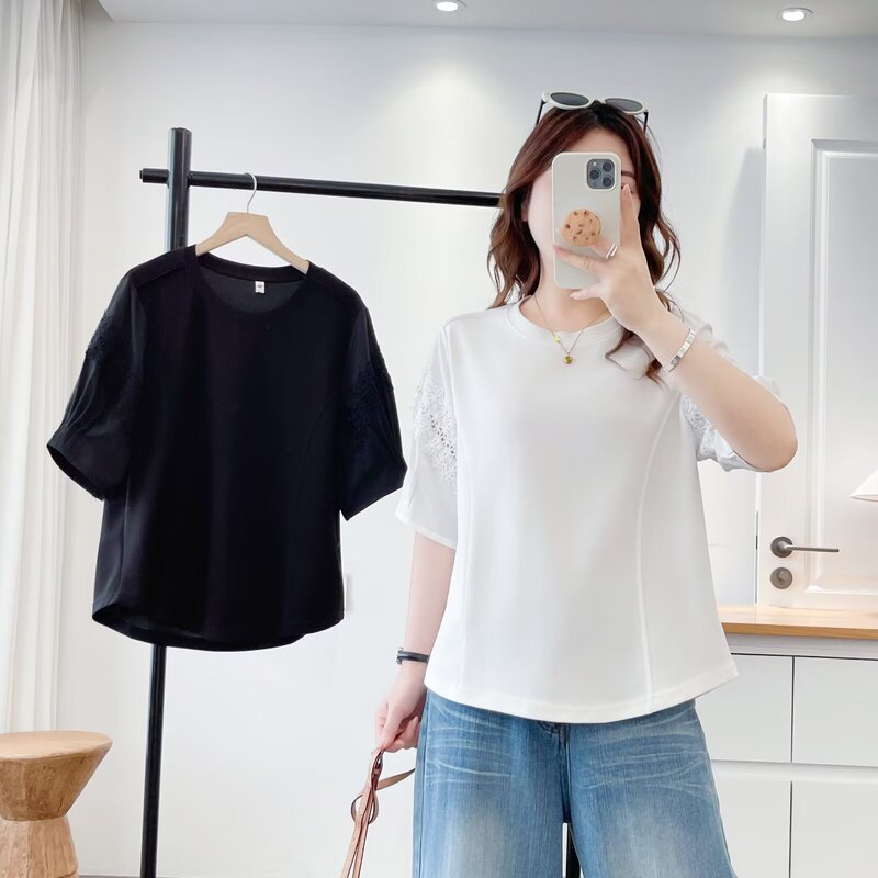 Plus-Size Women's Clothing 2026 Spring/Summer Korean Style Simple Lace Sleeve Pullover Top Z02 2616