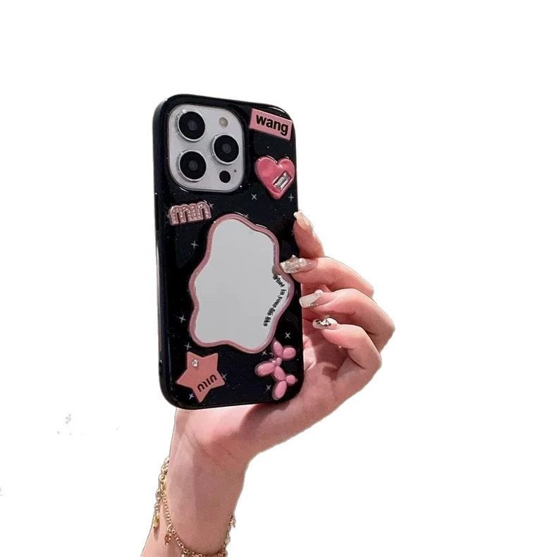 Чехол для телефона (Apple iPhone 6–17 / Pro / Pro Max) с зеркалом и рисунком щенка, прозрачный/чёрный