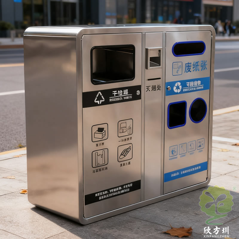上海城市街道公交车站台大容量两连体不锈钢分类垃圾桶果皮回收箱