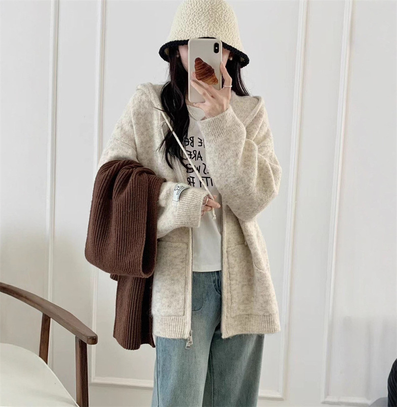 软糯连帽拉链毛衣开衫外套女秋冬新款宽松慵懒风加厚休闲针织上衣|undefined