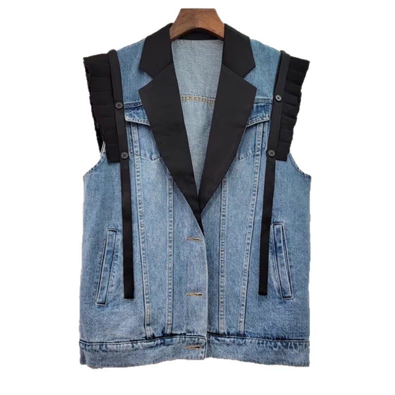 Trajes europeos cuello de empalme vaquero 2025 primavera y verano nuevo plegado borde de lótus diseño de contraste de color versión suelta clip de caballo image 1