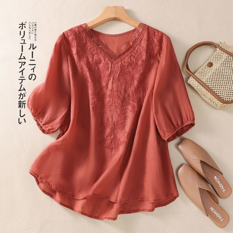 Japanese-Style Original Brand Ramie Blouse Women's Artistic Embroidery Lightweight V-Neck Mid-Sleeve Cotton-Linen Shirt T-Shirt New Model