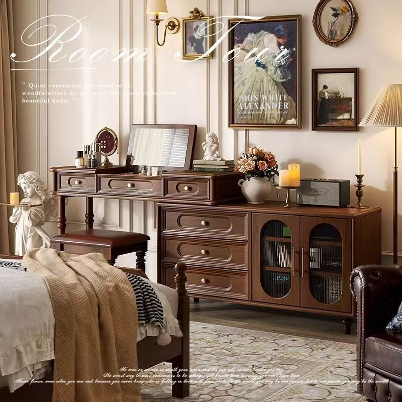 American Rubber Wood Dresser and Cupboard Integrated Mid-Century Style Bedroom Bedside Cabinet Corner French Retro Dressing Table