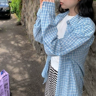 英子oni 韩版宽松设计感小众蓝色格纹长袖衬衫女气质休闲防晒上衣