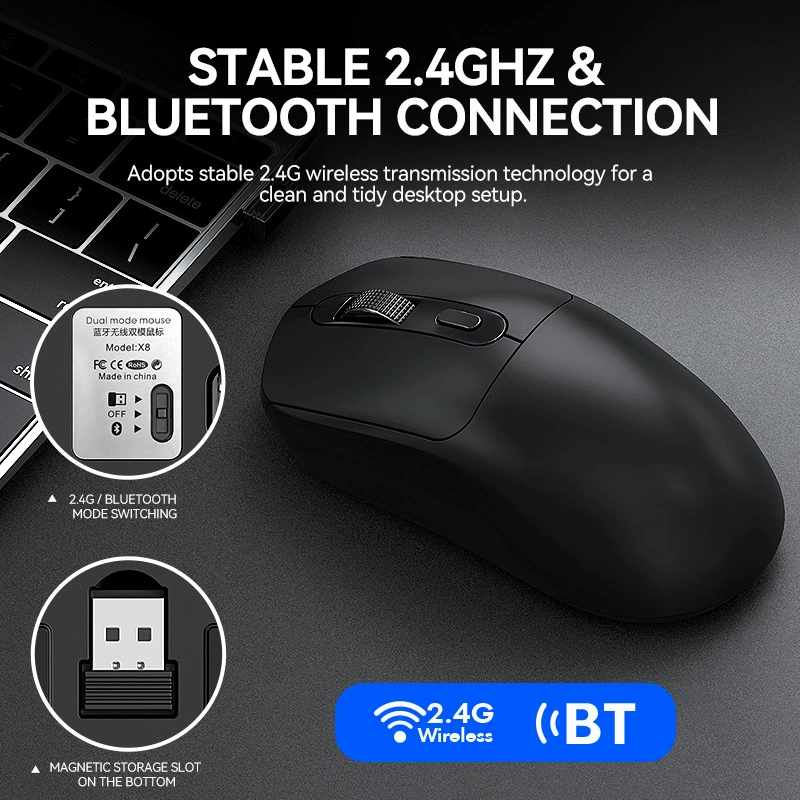 Беспроводная мышь (T-WOLF X8) двухрежимная Bluetooth, противоскользящая стикер‑отделка, Type‑C 500 mAh