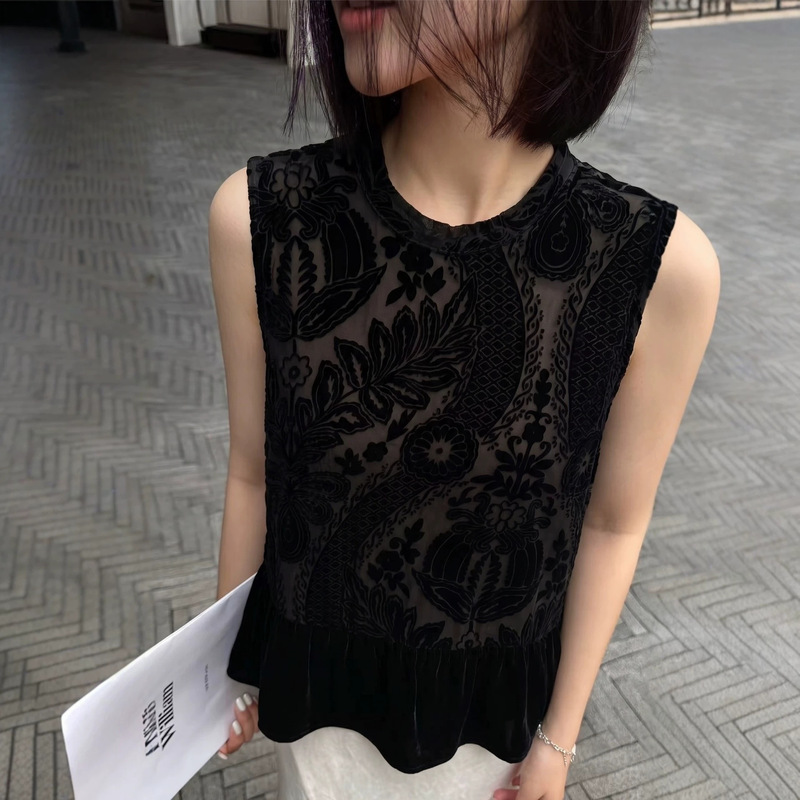 2026 Summer New Fashion Silk Velvet Floral Hem Ruffle Sleeveless Round Neck Top Nanyou Live Broadcast