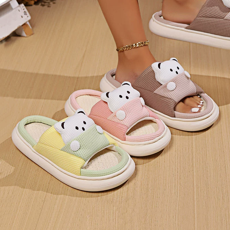 Хит продаж: трансграничные льняные тапочки с открытым носком, на толстой подошве, нескользящие, дышащие, без запаха, хлопковые тапочки, домашняя обувь для пар с мультяшным принтом