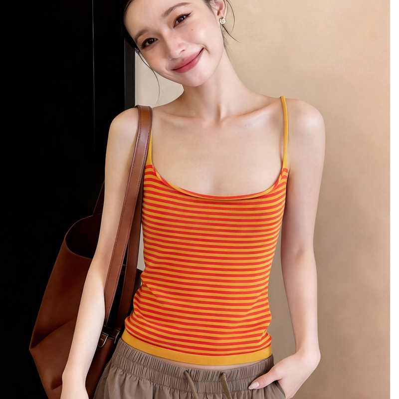 American-Style Fine Striped Orange Camisole for Women, Summer Top That Covers Side Breasts, Slim Fit, Flattering, Large Neckline, Stretchy, Beautiful Back Design American-Style Fine Striped Orange Camisole for Women, Summer Top That Covers Side Breasts, Slim Fit, Flattering, Large Neckline, Stretchy, Beautiful Back Design