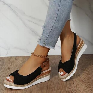 2024 independent station new European and American sandals plus size foreign trade hemp rope bow wedge heel casual sandals women's shoes wholesale