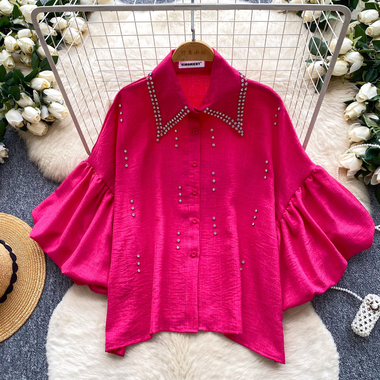 Women's French Style Rhinestone Blouse Summer Lantern Sleeve Cardigan Beaded Collar Loose Fit Versatile High End Top Heavy Duty_ecoleips.com
