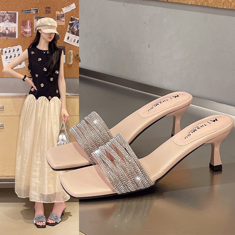 Elegant Open-Toe Rhinestone Strap Sandals 2026 Versatile Fashion Summer Stiletto Heel Sandals Fairy-Style Cool Slippers
