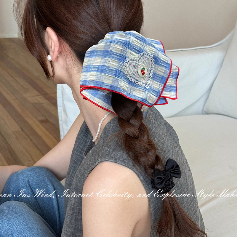 韩系新款上新蓝色格子撞色大肠发圈高颜值少女风方巾发圈百搭发饰|undefined