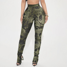 J25PT088欧美跨境新款女装性感紧身小脚开衩抽象字母印花高腰长裤