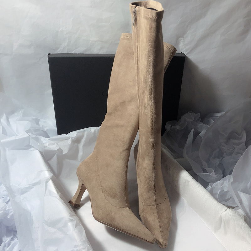 Korean Style Simple Boots, Knee-High Elastic Boots, Frosted Slim Boots, Side Zipper Pointed Toe High-Heeled Boots