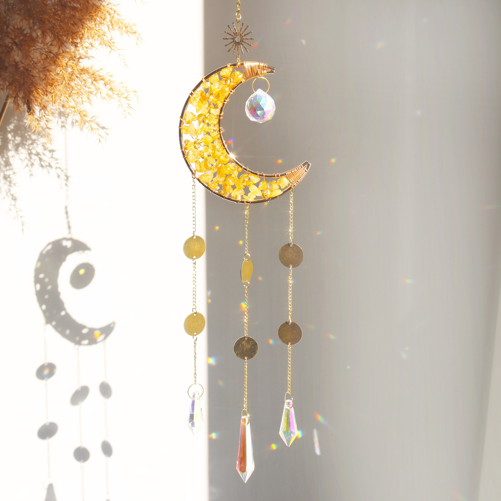 Crystal, Metal Material Geometric, Star, Moon Pattern Simple Style Classic Style Geometric Star Moon Crystal Metal Suncatcher Wind Chime Wall Art