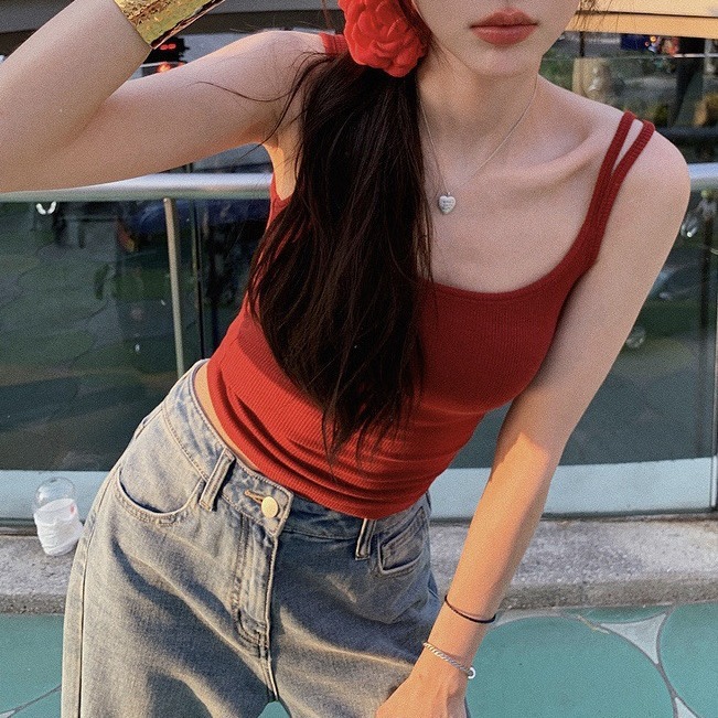Irena Summer Korean Style Double Shoulder Straps Short Women's Slim Fit Versatile Intimates with Breast Pads Beautiful Back Top