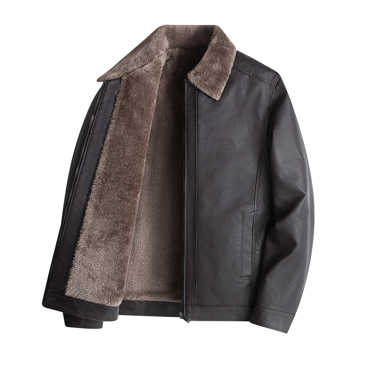 Winter new men's plush PU leather youth lapel, warm middle-aged and elderly dad jacket, business jacket_voghion.com
