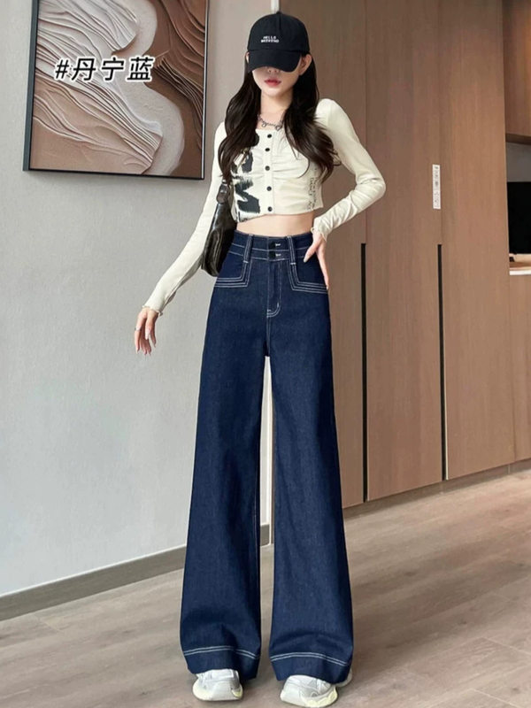Quần jean nữ cạp cao ống đứng dáng rộng màu xanh denim, dày dặn — Denim Blue - Quần dài & Quần, Denim Blue - Quần jean crop top, Quần Croptop Đen, Quần Dài Màu Xanh Denim