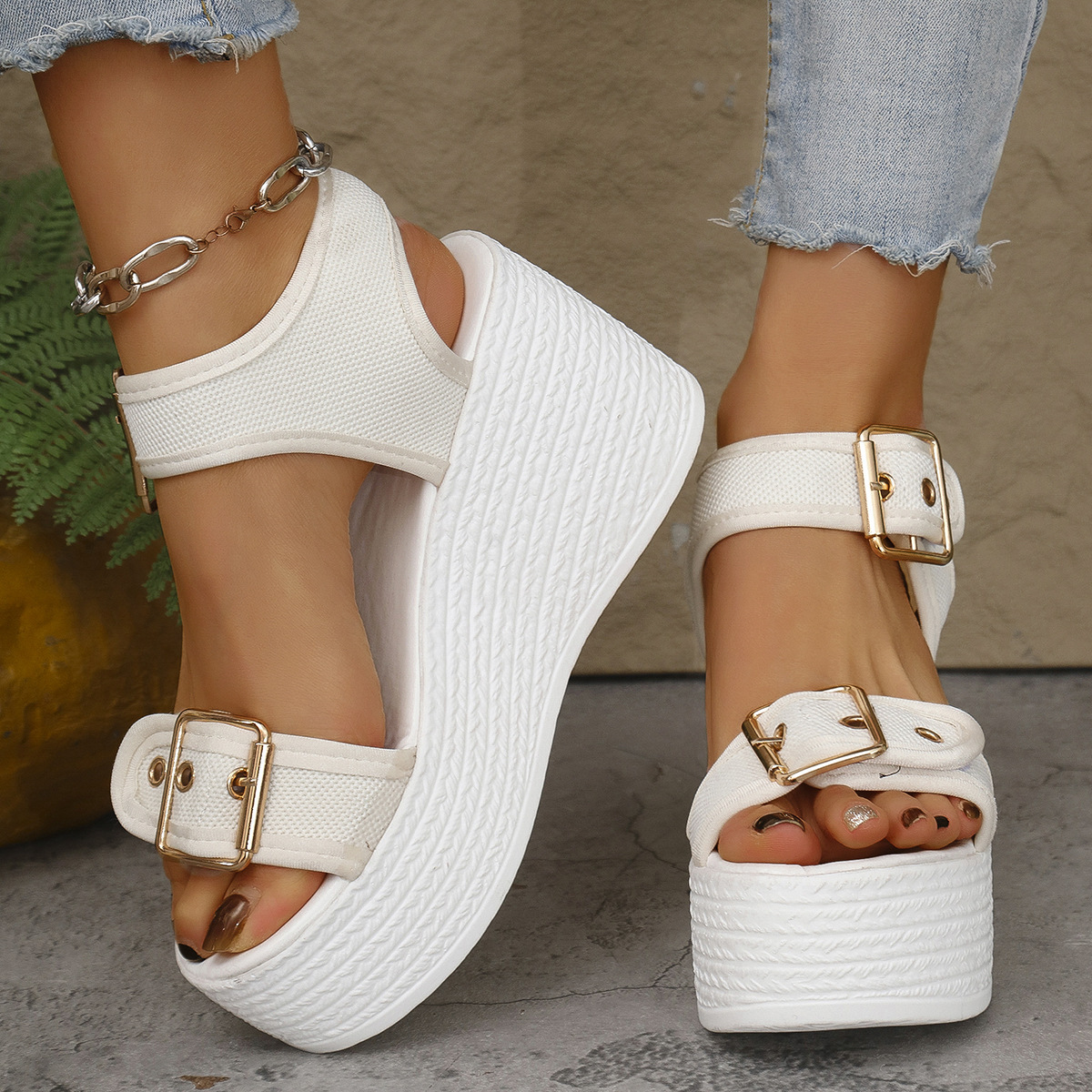 summer straw fashionable casual sandals wedge heel platform heels