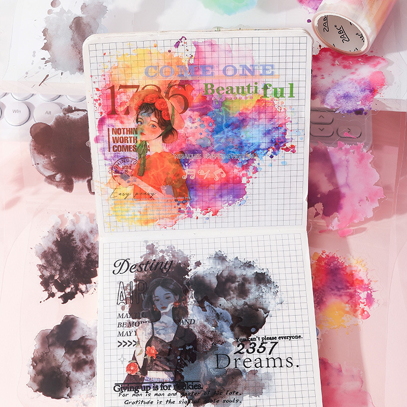 tinta teñida Shaohua caja de cinta adhesiva impermeable transparente para mascotas diy libro de mano diario pegatinas de tinta artística transfronteriza pegatinas de viento de tinta