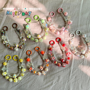New Sugar Cube Double Chain Mobile Phone Chain Creative Mobile Phone Back Clip Live Broadcast Beaded Chain Bag Pendant Key Chain Accessories