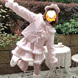 学院风甜美可爱毛呢套装女秋冬季高级感粉色格子外套半身裙两件套