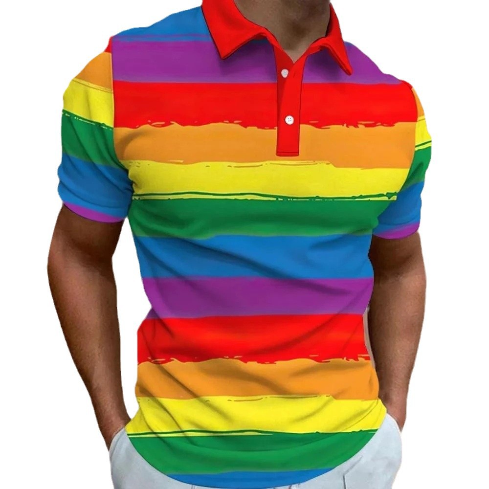 Camisa POLO con botones de manga corta transpirable de malla suelta de verano para hombres con estampado 3D de patchwork de color de venta caliente de la calle europea y americana