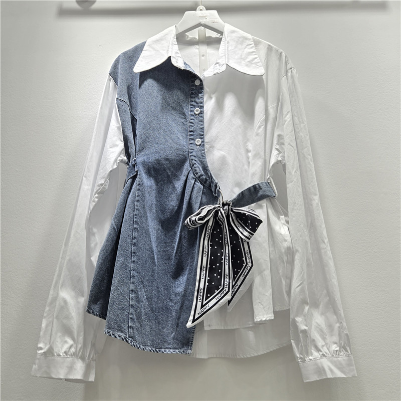 2026 Spring and Autumn New Style Fake Two-Piece Design Denim Shirt for Women, European Fashion with Silk Scarf Ribbon and Color-Block Design Top