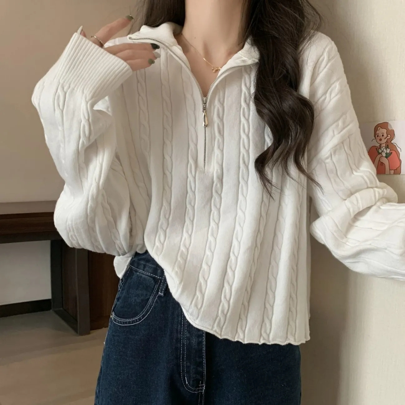 Ceptas mīklas vērpšanas rāvējslēdzēja korejiešu adīta augšdaļa, sieviešu rudens, garām piedurknēm, pusaugstas apkakles, maza, īsa apakšdaļa, džemperis_voghion.com