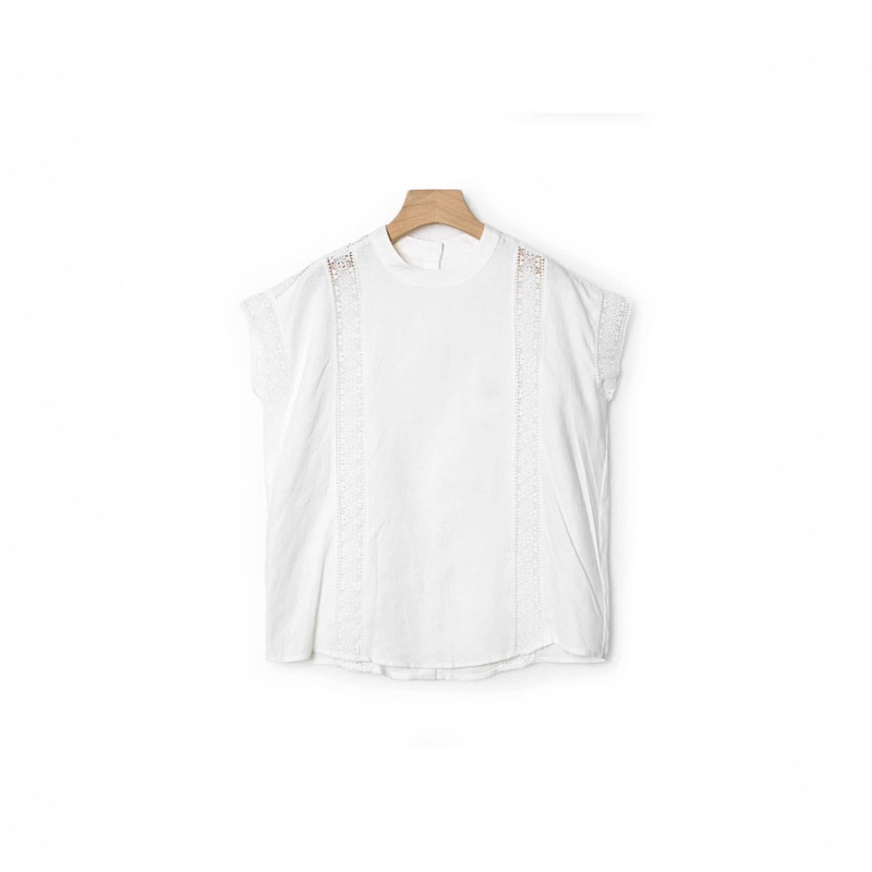 Th* New Style Ramie Cut Out Lace Splicing Top Lace Short-Sleeved Shirt