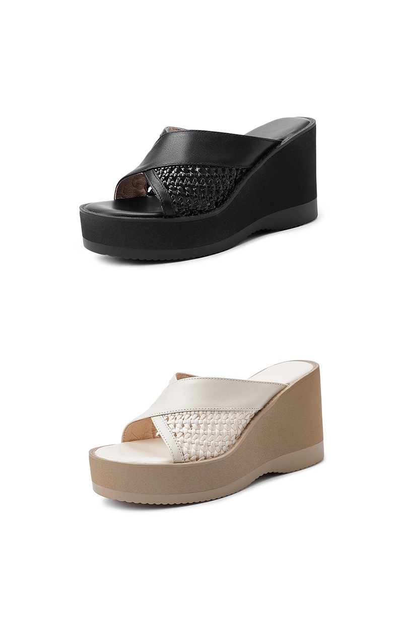 Sandal cao gót nữ mũi cá dày đế xuồng, chất liệu da bò đầu, thiết kế đan rỗng quai ngang — đen chi tiết 13