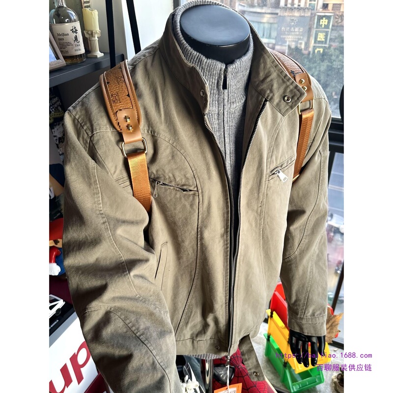 American Short Detroit Heavy Washed Denim Jacket Men's Autum Stand Collar Cleanfit Motorcycle Work Jacket