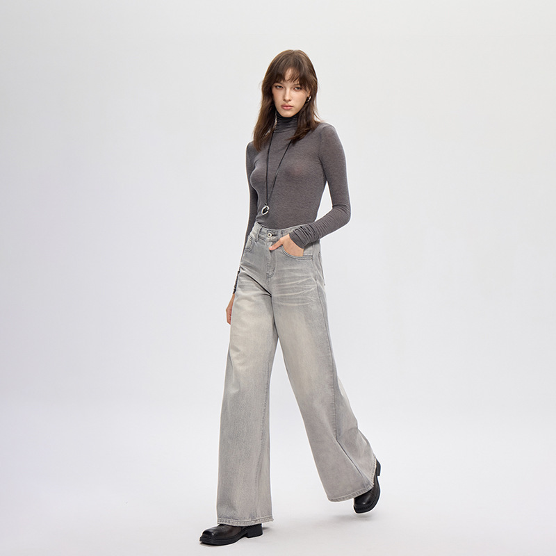 Vintage Silver Gray Wide-Leg Jeans for Women 2026 Spring Pure Cotton Draped Loose Straight Floor-Length Pants