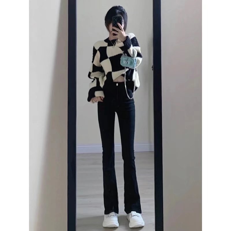 Damen-Jeans mit hohem Bund und ausgestelltem Bein, figurschmeichelnd für kleine Größen, schwarz, Hufeisenform, neuer Stil für Frühling und Herbst_voghion.com