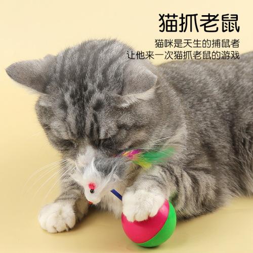In-stock wholesale Hartley pet cat toys: colorful feather flocking mouse-style roly-poly balls, 6 pieces.